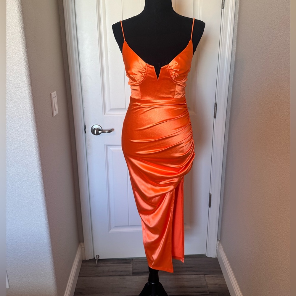 Satin Spaghetti Strap Orange Dress
